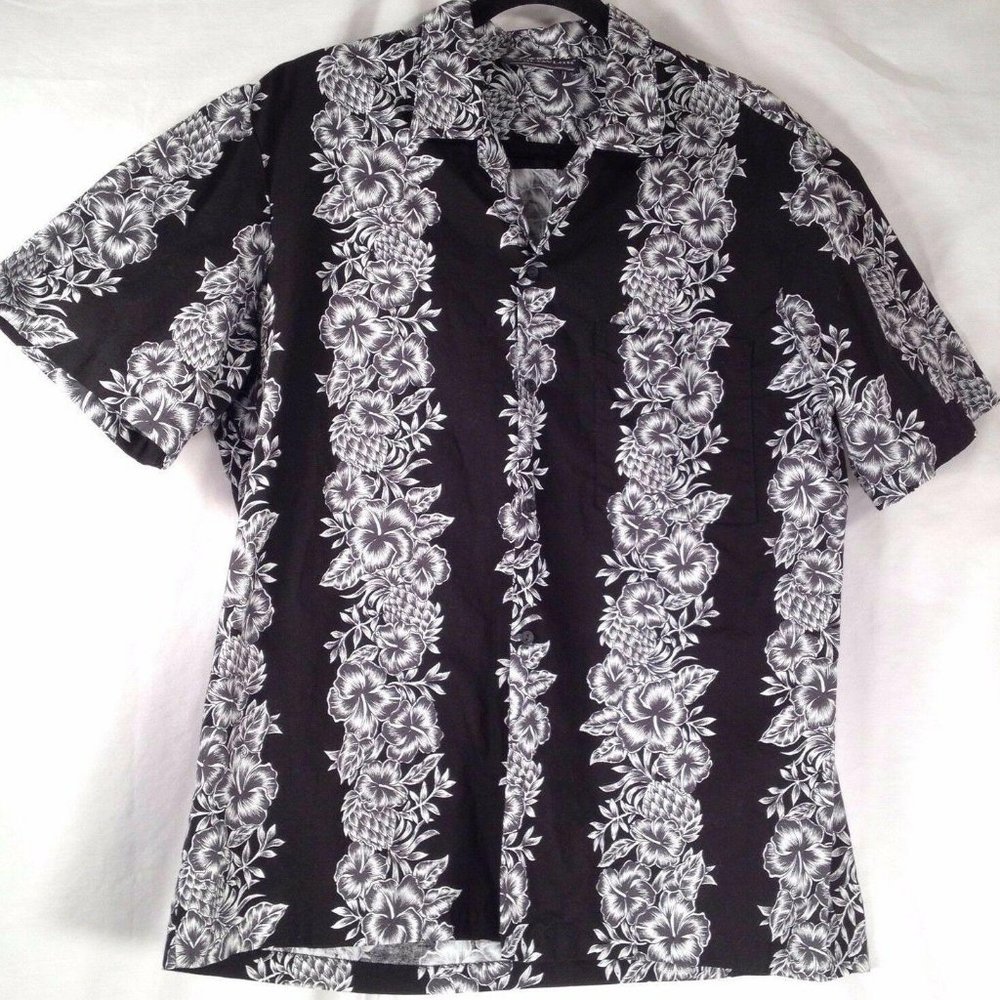Hawaiian Shirt Large L Hibiscus Black White